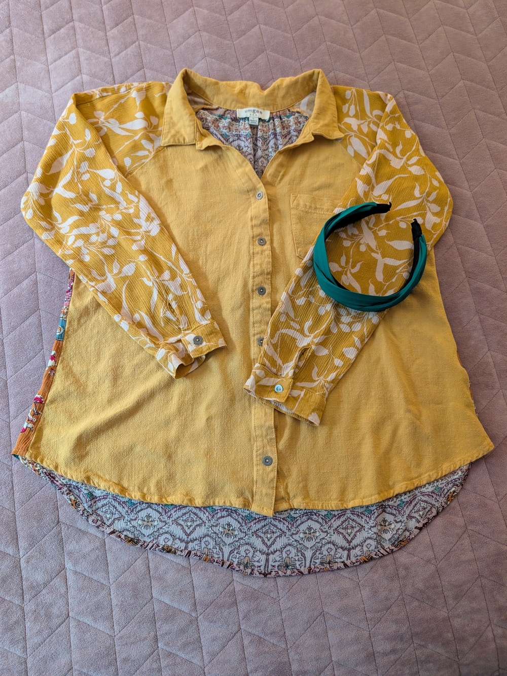 Mustard Floral Umgee Long Sleeve Button-Front Top with Handmade Headband